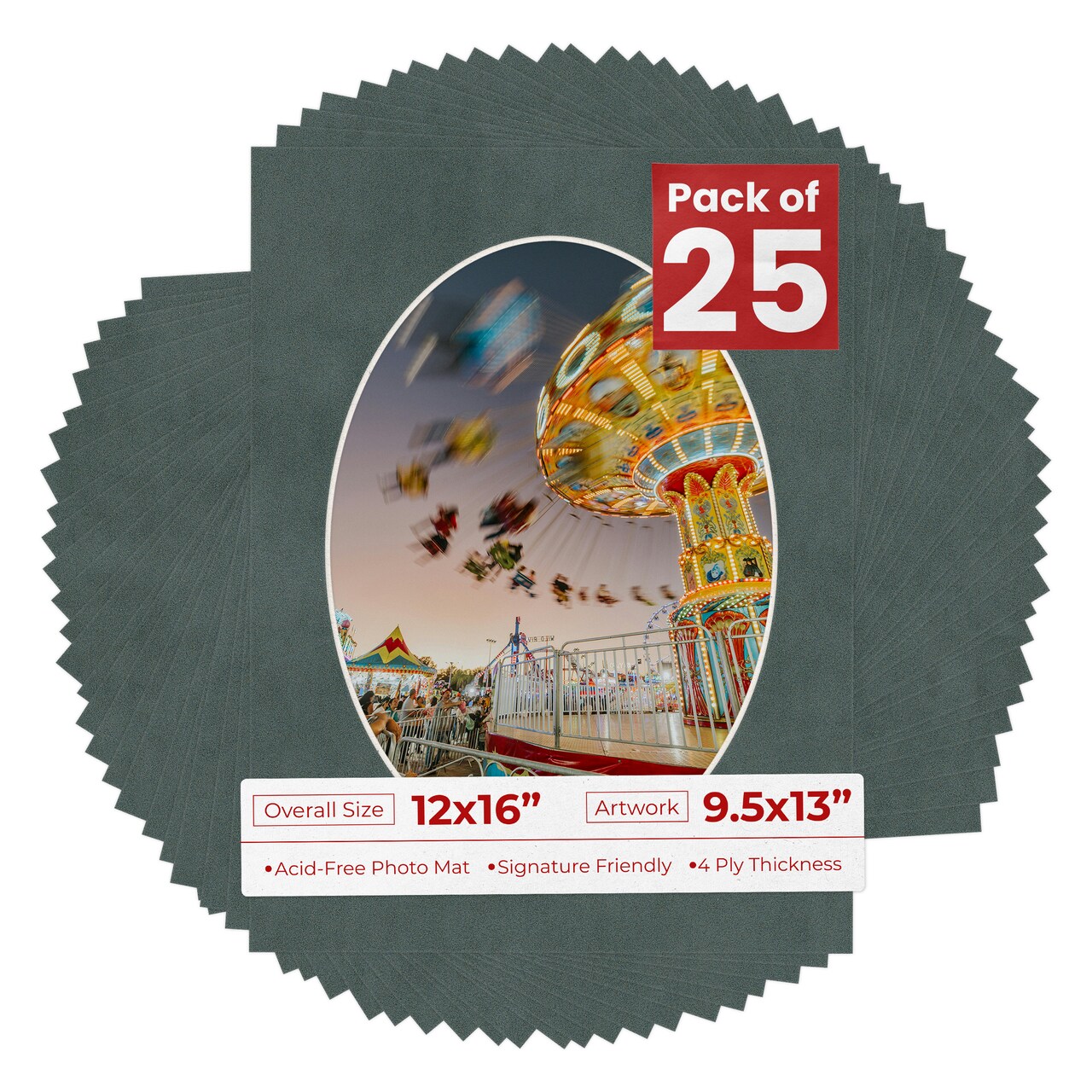 Dark Grey Suede Mat Board for 12x16 Frames - Oval Opening for 9.5x13 Photos